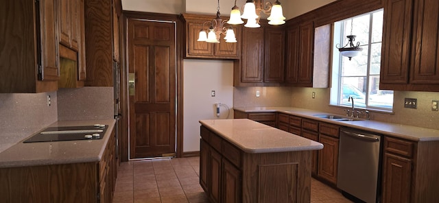 kitchen with an inviting chandelier, a sink, stainless steel dishwasher, tasteful backsplash, and a center island