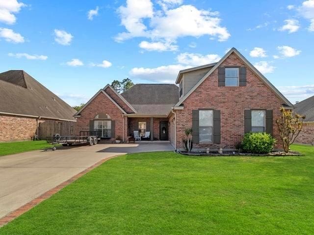 view of front of home featuring a front yard, brick siding, and a shingled roof