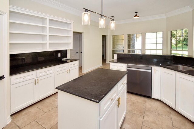 kitchen with decorative backsplash, white cabinets, pendant lighting, dishwasher, and a center island