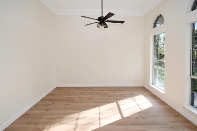 spare room with light hardwood / wood-style flooring, ceiling fan, and ornamental molding