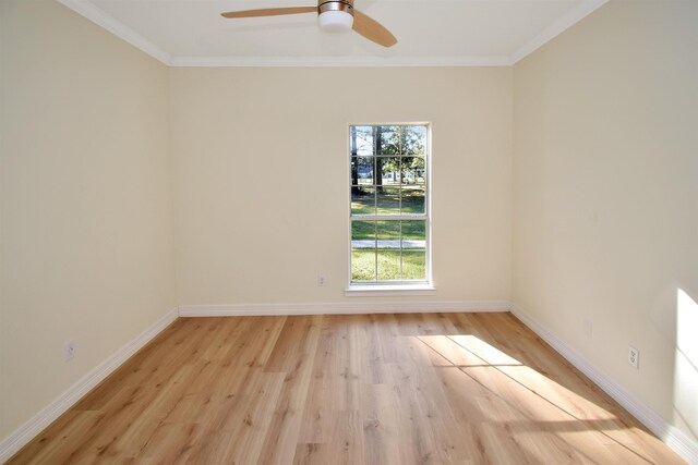 unfurnished room featuring crown molding, ceiling fan, and light hardwood / wood-style floors