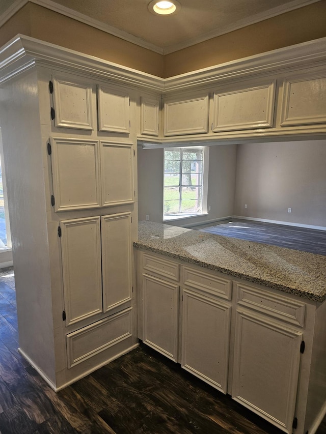 kitchen featuring light stone countertops, dark hardwood / wood-style floors, and crown molding