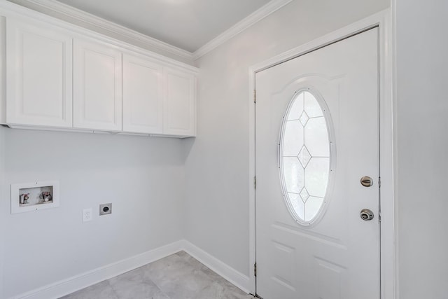 laundry room with cabinets, washer hookup, ornamental molding, light tile patterned floors, and hookup for an electric dryer