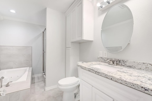 full bathroom with plus walk in shower, vanity, toilet, and ornamental molding