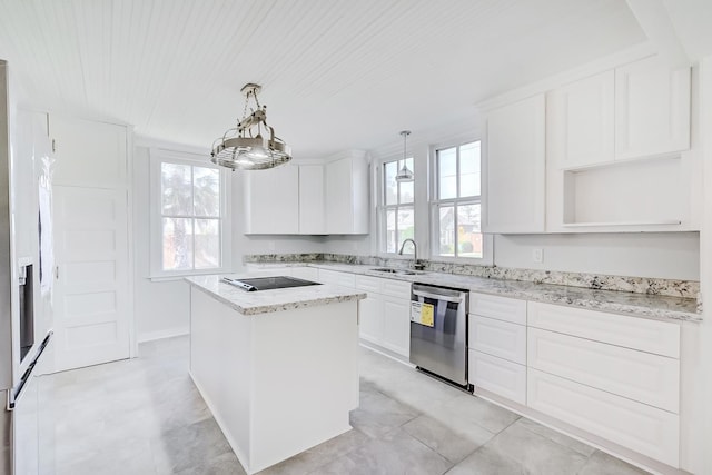 kitchen with dishwasher, white cabinets, a kitchen island, and hanging light fixtures