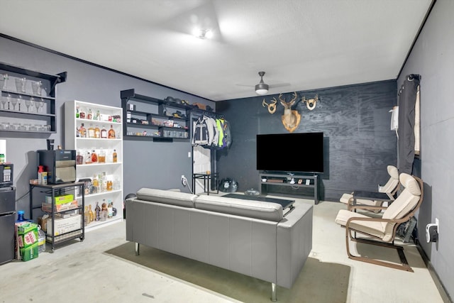 living room with ceiling fan