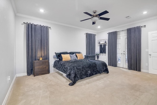 bedroom featuring light carpet, ceiling fan, and ornamental molding