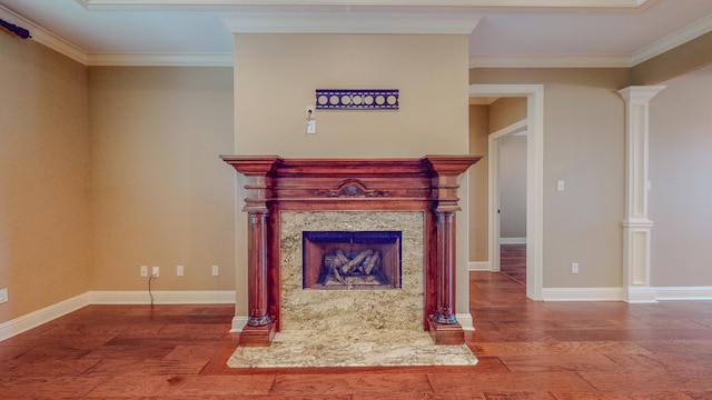 unfurnished living room with hardwood / wood-style floors, ornamental molding, and a fireplace