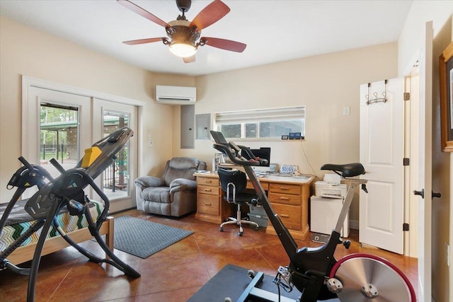 workout area with an AC wall unit, ceiling fan, and french doors