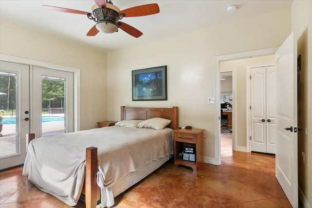 bedroom featuring ceiling fan, french doors, access to outside, and multiple windows