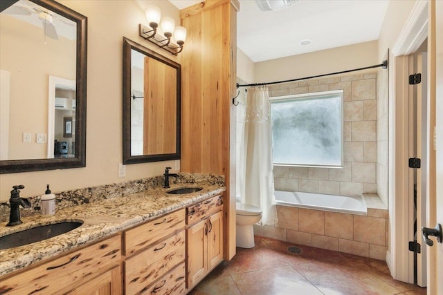 full bathroom with tile patterned floors, vanity, toilet, and shower / bathtub combination with curtain