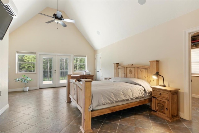 bedroom with ceiling fan, access to exterior, high vaulted ceiling, and french doors