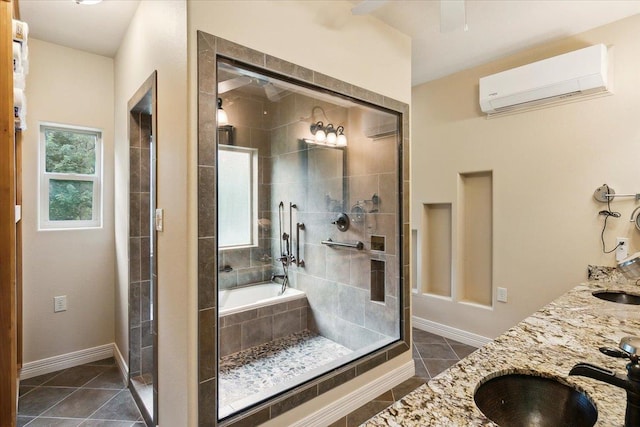 bathroom featuring a wall mounted air conditioner, shower with separate bathtub, tile patterned flooring, and vanity