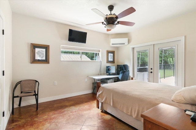 bedroom with french doors, an AC wall unit, tile patterned flooring, ceiling fan, and access to exterior