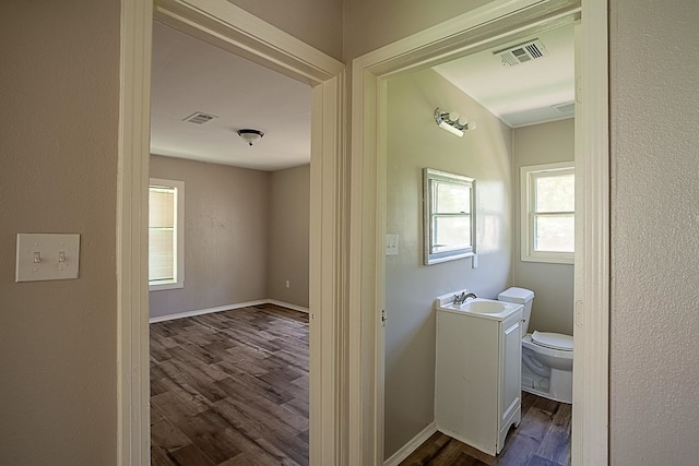 bathroom with toilet, vanity, and hardwood / wood-style flooring