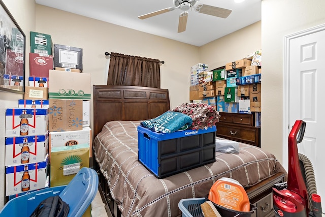 bedroom featuring ceiling fan and light tile patterned floors