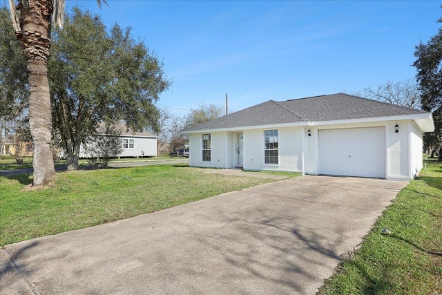 ranch-style home with an attached garage, driveway, roof with shingles, stucco siding, and a front lawn