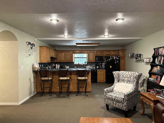 304 County Road 773, Buna, TX 77612 - kitchen featuring a peninsula, black appliances, light carpet, a textured wall, and a textured ceiling
