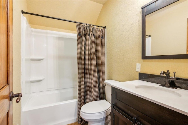 full bathroom with toilet, vanity, vaulted ceiling, and shower / tub combo with curtain