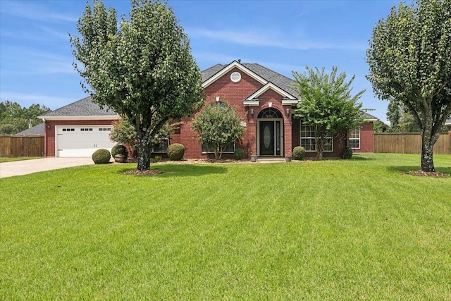 view of front of property featuring a garage and a front lawn