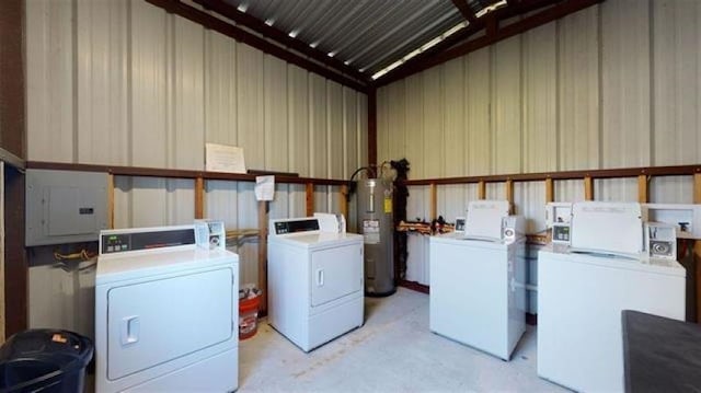 laundry room with washer and dryer, electric water heater, and electric panel