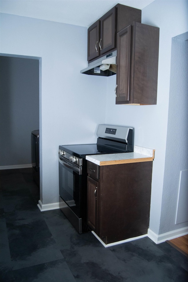 2716 22nd St, Port Arthur, TX 77640 - kitchen featuring stainless steel range with electric cooktop, under cabinet range hood, dark brown cabinetry, and light countertops