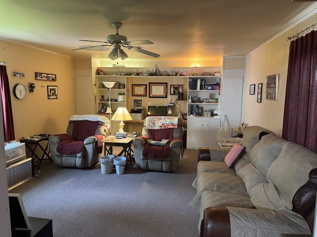 2515 Date St, Port Arthur, TX 77642 - carpeted living room featuring a ceiling fan and crown molding