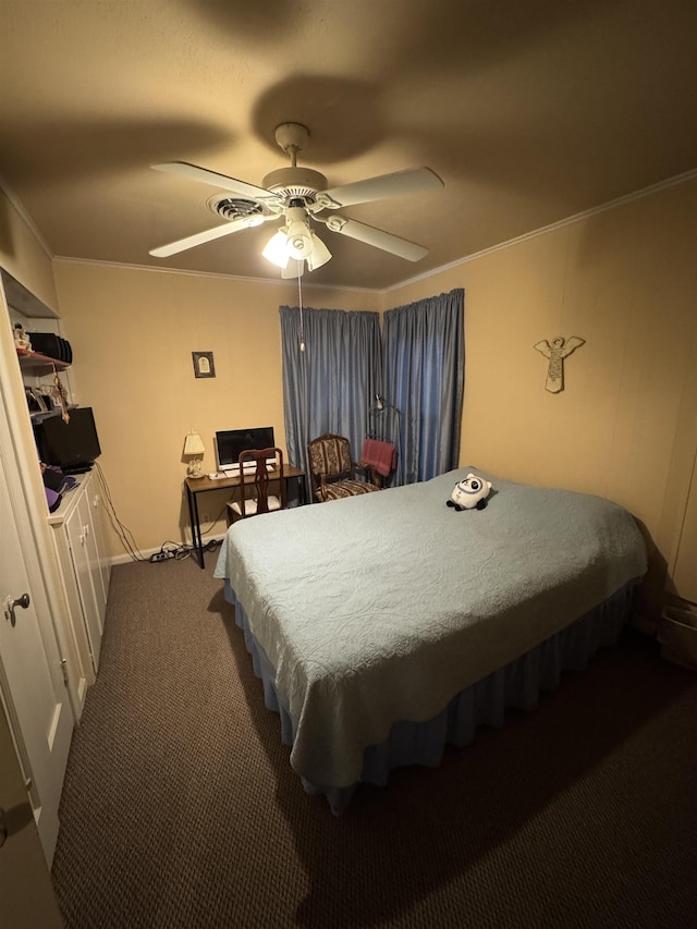 2515 Date St, Port Arthur, TX 77642 - bedroom with crown molding, dark carpet, ceiling fan, and an office area
