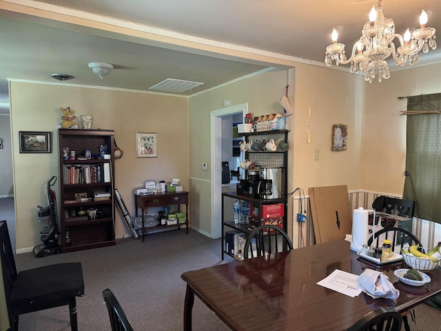2515 Date St, Port Arthur, TX 77642 - dining room with carpet, a chandelier, ornamental molding, and baseboards