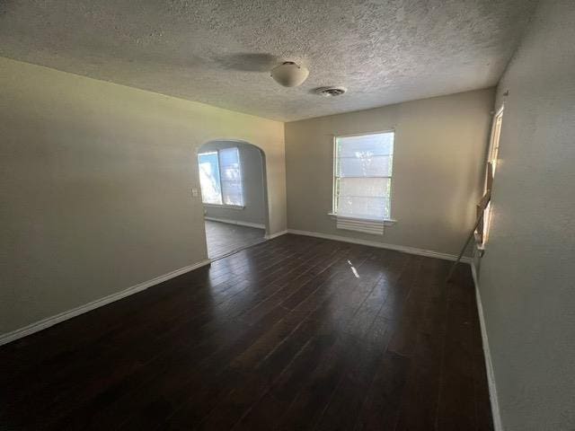 empty room with a textured ceiling, a wealth of natural light, and dark hardwood / wood-style floors