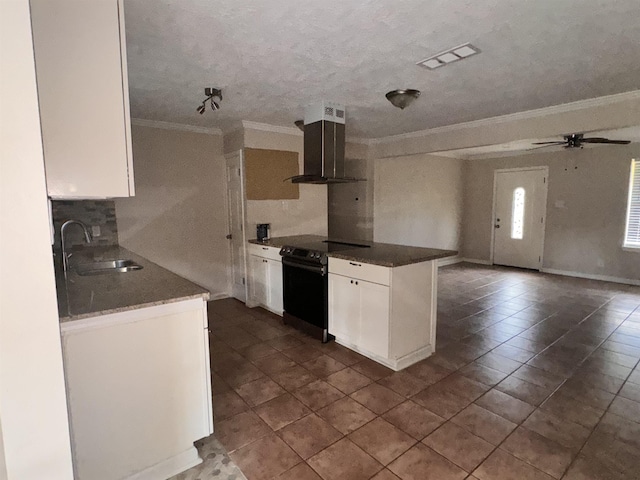 kitchen featuring white cabinetry, electric range, sink, ceiling fan, and exhaust hood