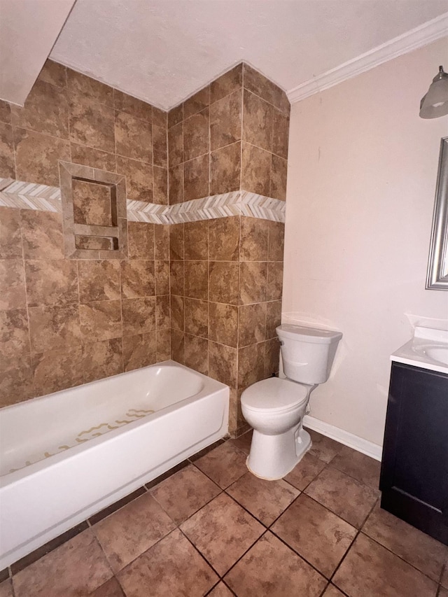 full bathroom featuring tile patterned floors, shower / bathtub combination, vanity, crown molding, and toilet