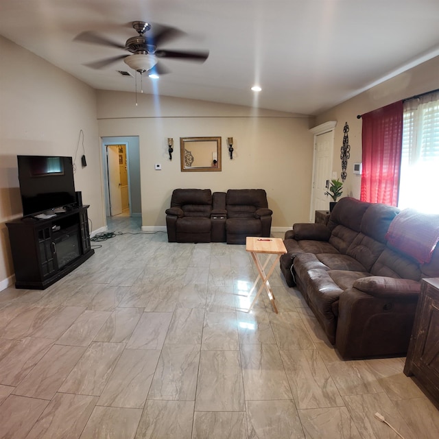 living room with vaulted ceiling and ceiling fan