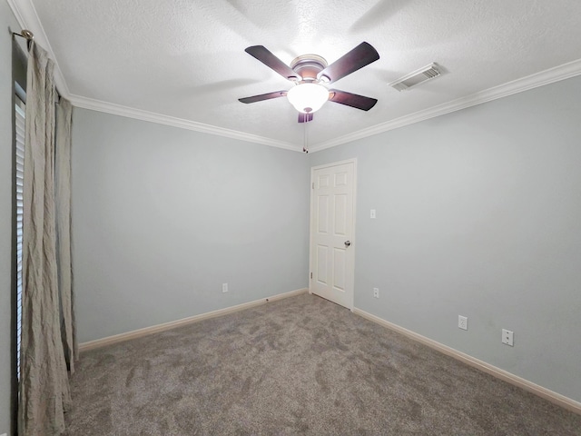 3760 Seminole Dr, Beaumont, TX 77707 - carpeted spare room with crown molding, ceiling fan, baseboards, and a textured ceiling
