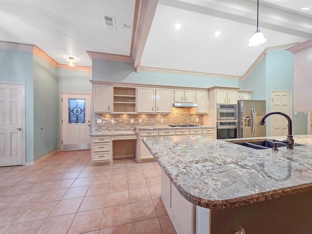 3760 Seminole Dr, Beaumont, TX 77707 - kitchen with open shelves, a sink, ornamental molding, stainless steel appliances, and tasteful backsplash