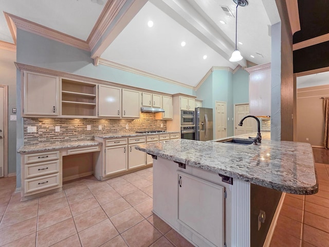 3760 Seminole Dr, Beaumont, TX 77707 - kitchen featuring open shelves, crown molding, appliances with stainless steel finishes, under cabinet range hood, and a sink