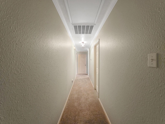 3760 Seminole Dr, Beaumont, TX 77707 - hallway with attic access, carpet floors, crown molding, a textured wall, and baseboards