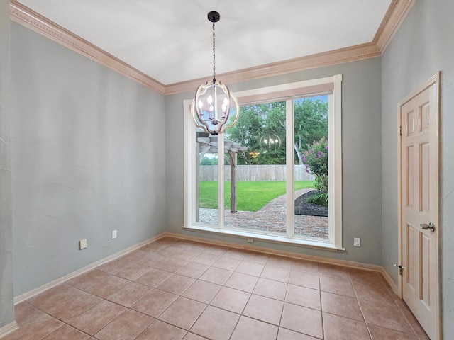 3760 Seminole Dr, Beaumont, TX 77707 - unfurnished dining area featuring crown molding, a chandelier, light tile patterned flooring, and baseboards