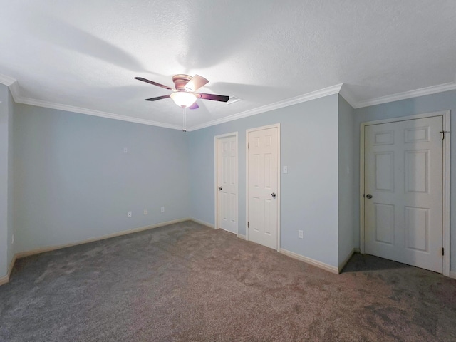 3760 Seminole Dr, Beaumont, TX 77707 - unfurnished bedroom featuring carpet flooring, ornamental molding, baseboards, ceiling fan, and a textured ceiling
