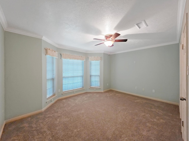 3760 Seminole Dr, Beaumont, TX 77707 - carpeted spare room featuring baseboards, ceiling fan, crown molding, and a textured ceiling