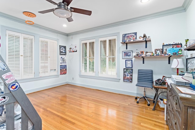 office space with ceiling fan, light hardwood / wood-style floors, and crown molding