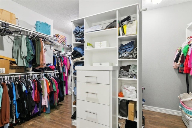 walk in closet with dark hardwood / wood-style flooring