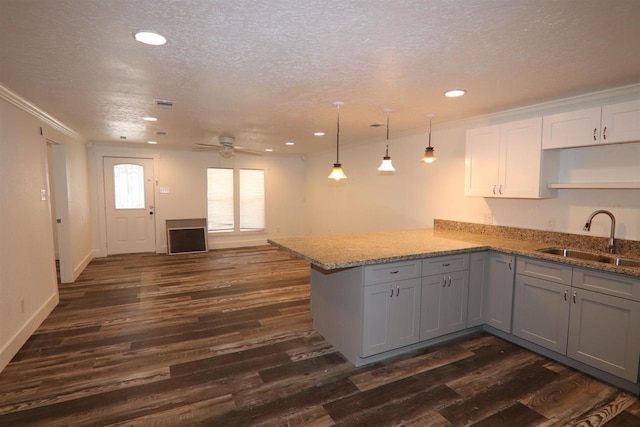 kitchen featuring gray cabinetry, dark wood-style floors, a sink, and a peninsula