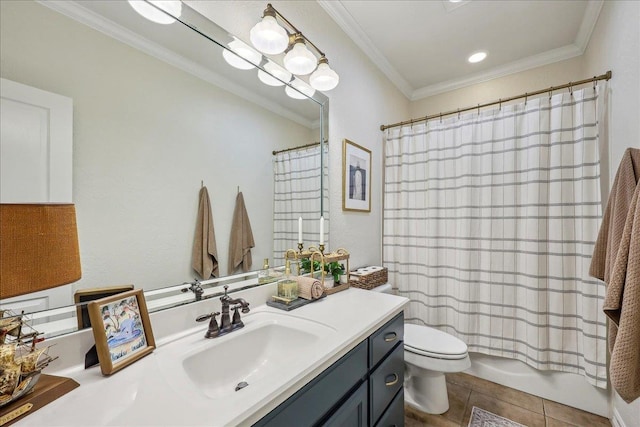 full bathroom with crown molding, shower / bath combo, toilet, and vanity