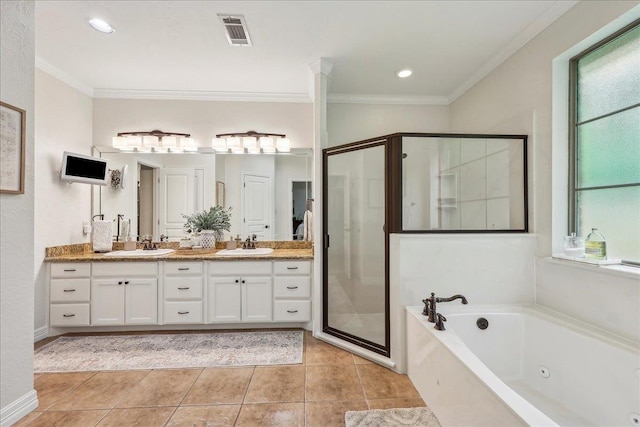 full bathroom featuring crown molding, a wealth of natural light, a sink, and a stall shower