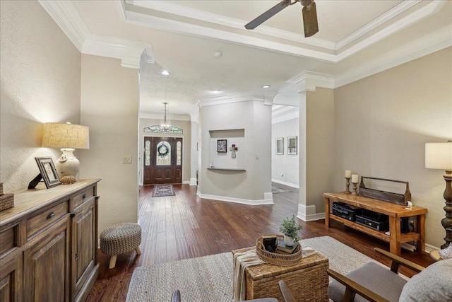 living room featuring a ceiling fan, dark wood finished floors, baseboards, ornamental molding, and recessed lighting