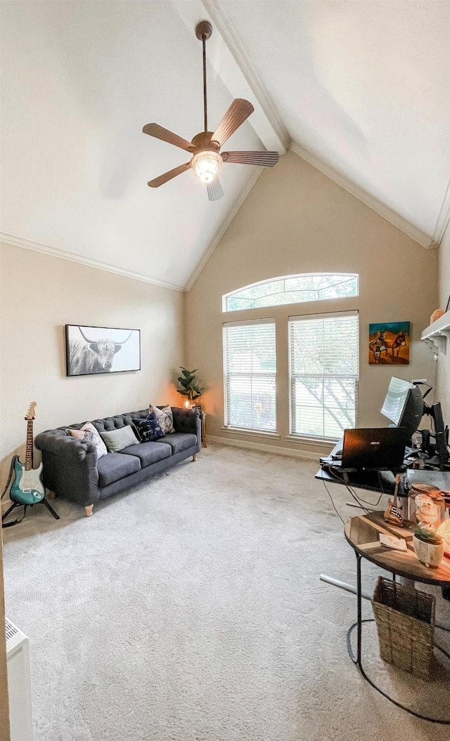 living room featuring carpet floors, a ceiling fan, high vaulted ceiling, and beam ceiling