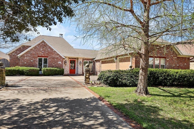 view of front of property featuring a garage, driveway, brick siding, and a front lawn