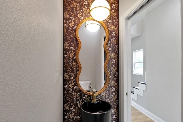 details featuring hardwood / wood-style flooring and toilet