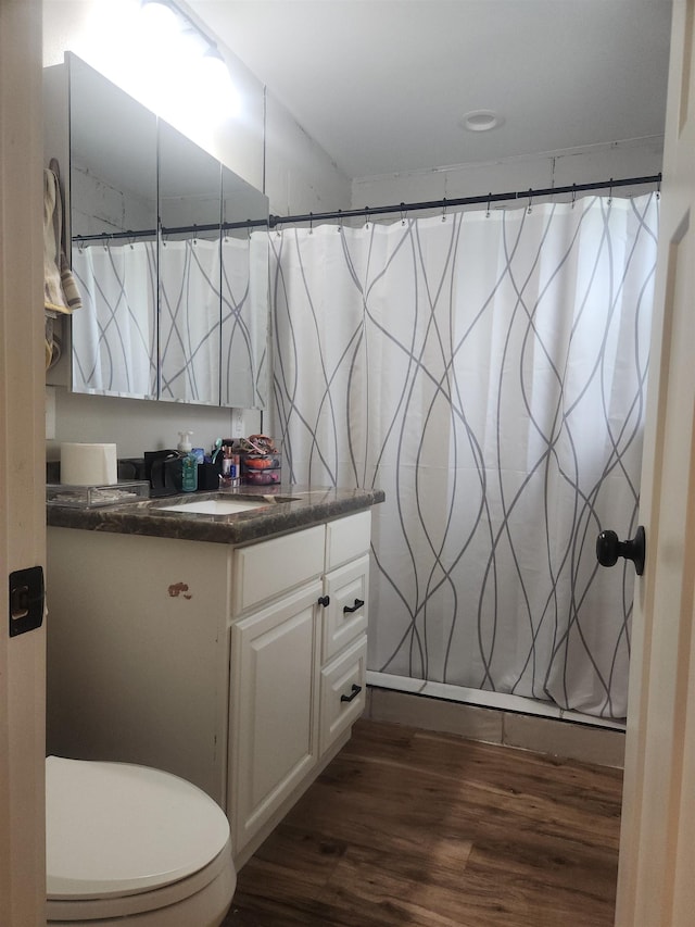 10848 Sandy Ln, Beaumont, TX 77705 - bathroom featuring vanity, wood finished floors, and a shower with shower curtain